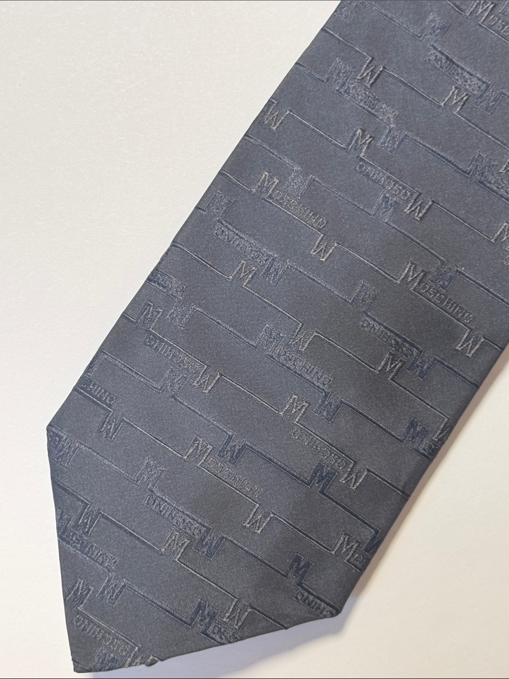 MOSCHINO Men's Necktie Tonal Grey Jacquard Logo Pattern 100% Silk Designer Basic